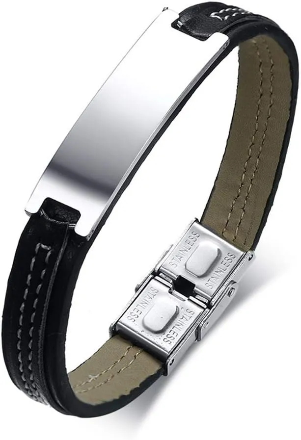 Fashion Month 11mm Black Leather Bracelet for Men ID Bangle Stainless Steel Identification Personalized Male Jewelry