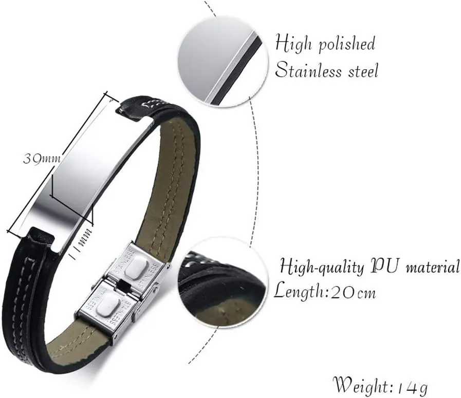 Fashion Month 11mm Black Leather Bracelet for Men ID Bangle Stainless Steel Identification Personalized Male Jewelry