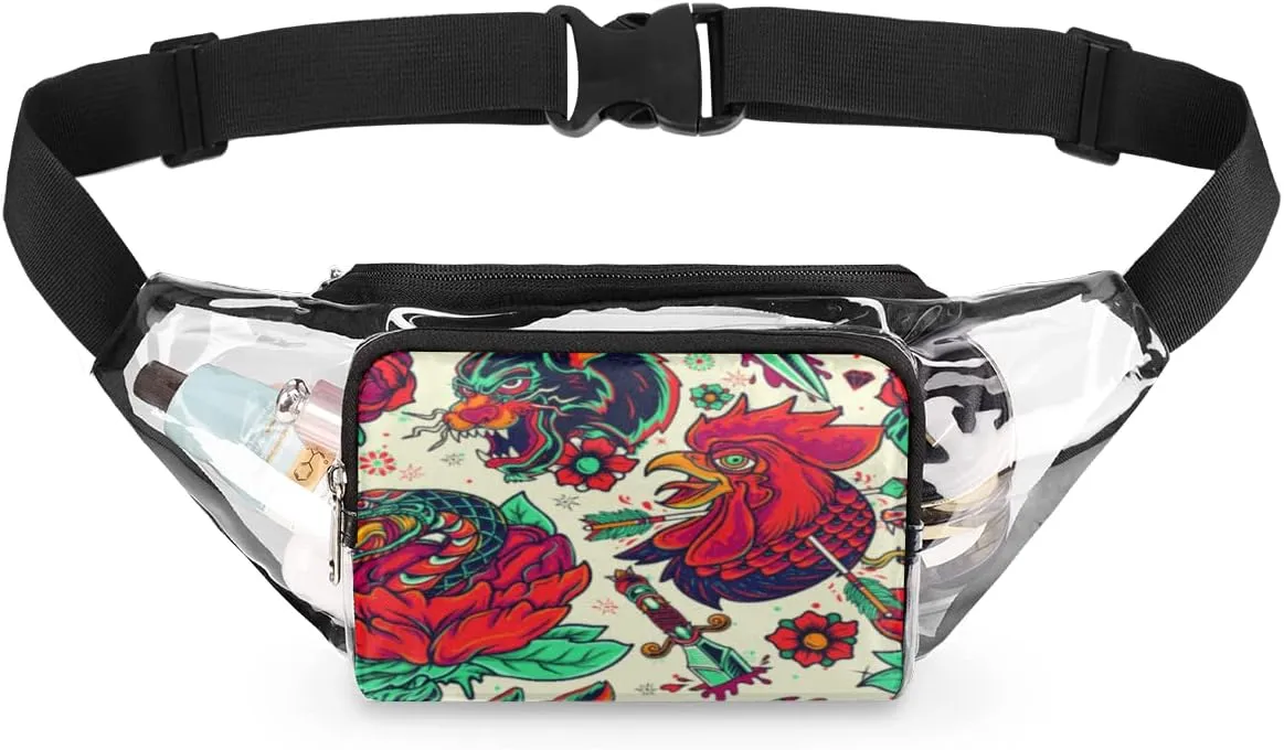 Fight Rooster Dragon Clear Fanny Pack Stadium Approved Adjustable Clear Belt Bag Cute Waist Bags for Women Men Travel Sports Events Hiking Concerts