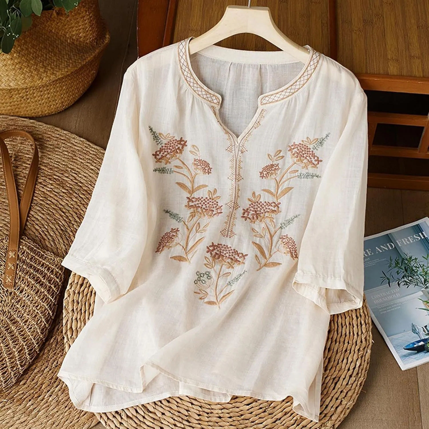 Floral Embroidery Cotton Linen Shirts Women Short Sleeve V Neck Peasant Tops Boho Ethnic Style Blouses Beach Tshirts