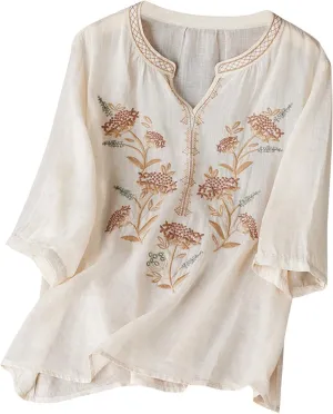 Floral Embroidery Cotton Linen Shirts Women Short Sleeve V Neck Peasant Tops Boho Ethnic Style Blouses Beach Tshirts