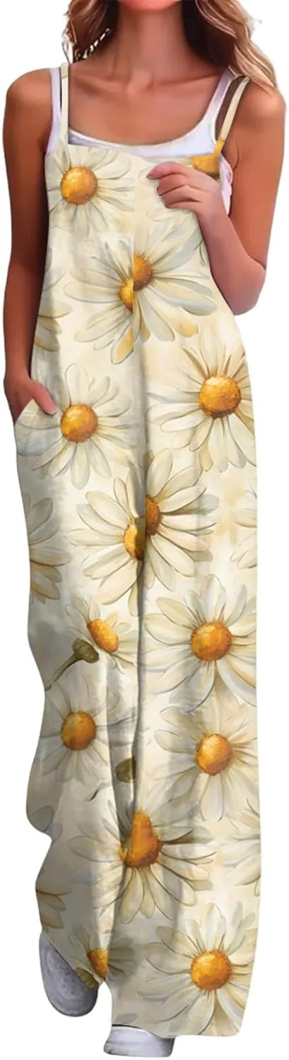 Floral Jumpsuits for Women Summer Boho Jumpsuits Casual Wide Leg Long Pant Rompers One Piece Beach Vacation Outfits