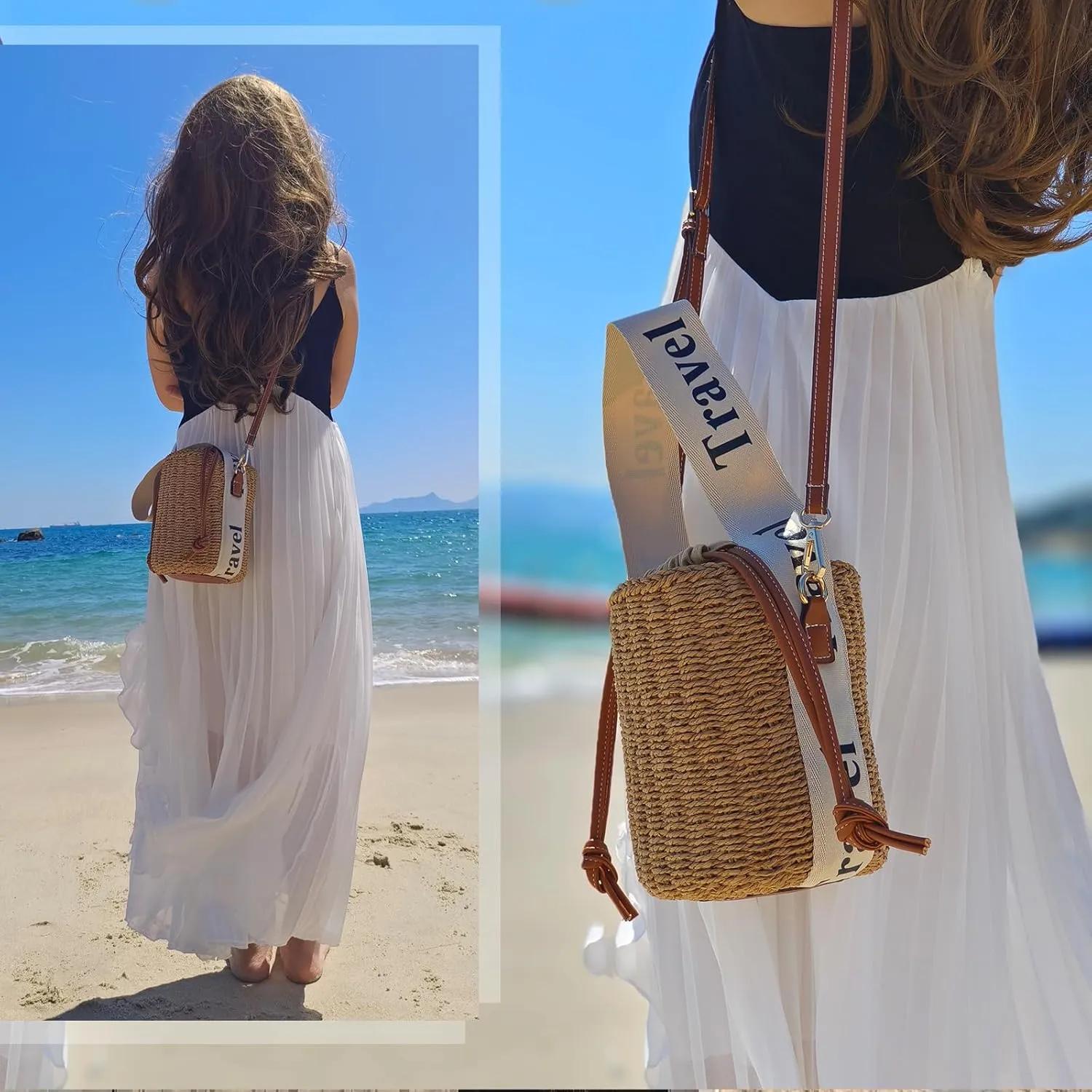 Flower Pearls Rattan Tote Bag Summer Beach Drawstring Straw Bucket Bag Diamonds Woven Handbag