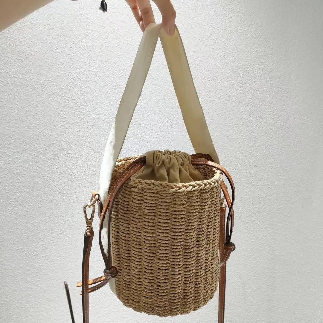 Flower Pearls Rattan Tote Bag Summer Beach Drawstring Straw Bucket Bag Diamonds Woven Handbag