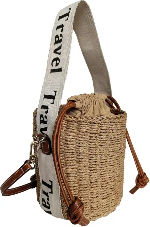 Flower Pearls Rattan Tote Bag Summer Beach Drawstring Straw Bucket Bag Diamonds Woven Handbag