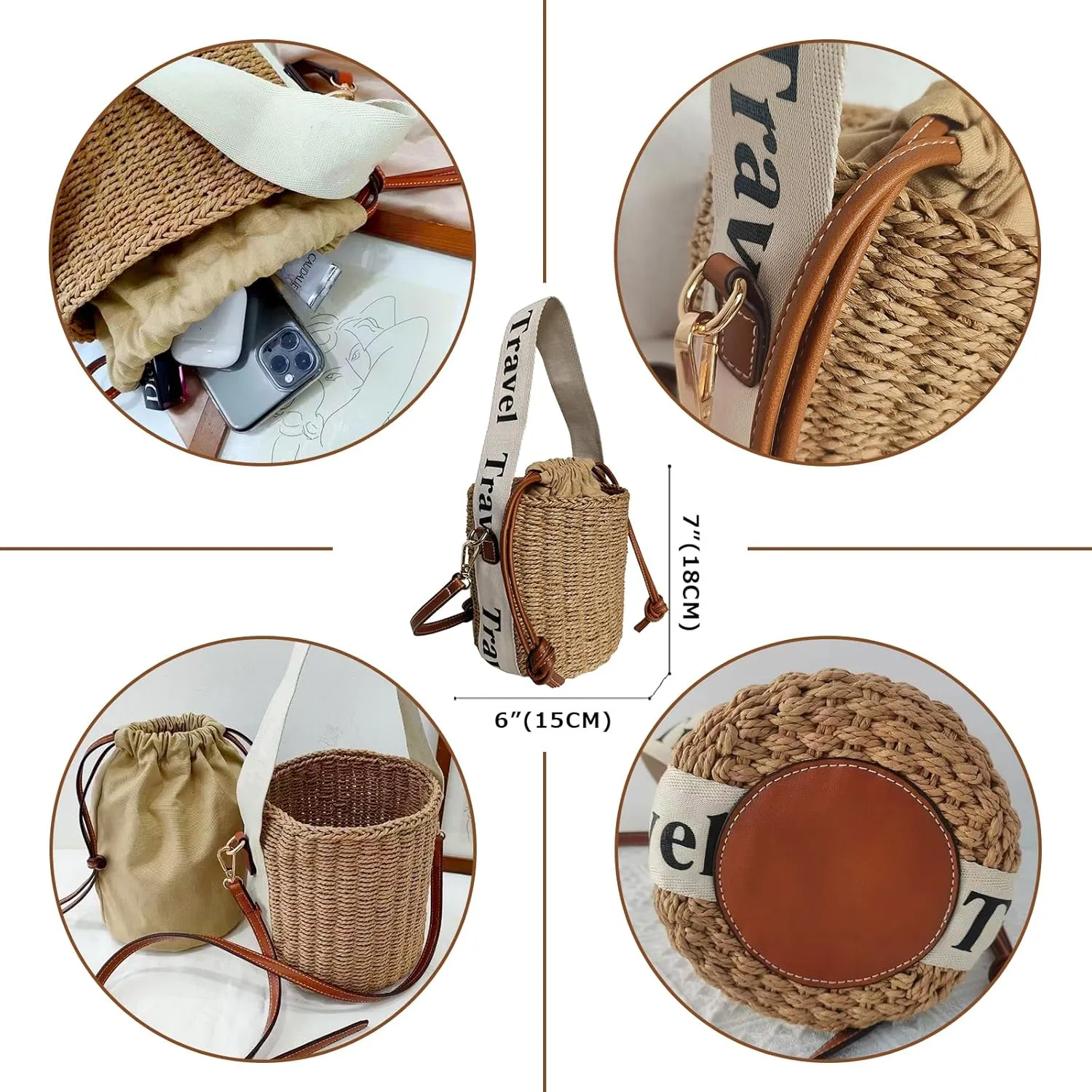 Flower Pearls Rattan Tote Bag Summer Beach Drawstring Straw Bucket Bag Diamonds Woven Handbag