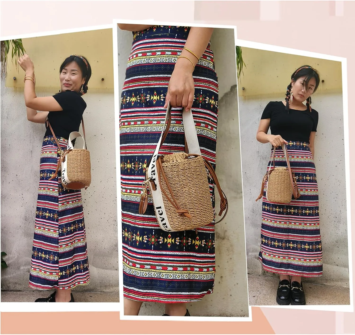 Flower Pearls Rattan Tote Bag Summer Beach Drawstring Straw Bucket Bag Diamonds Woven Handbag
