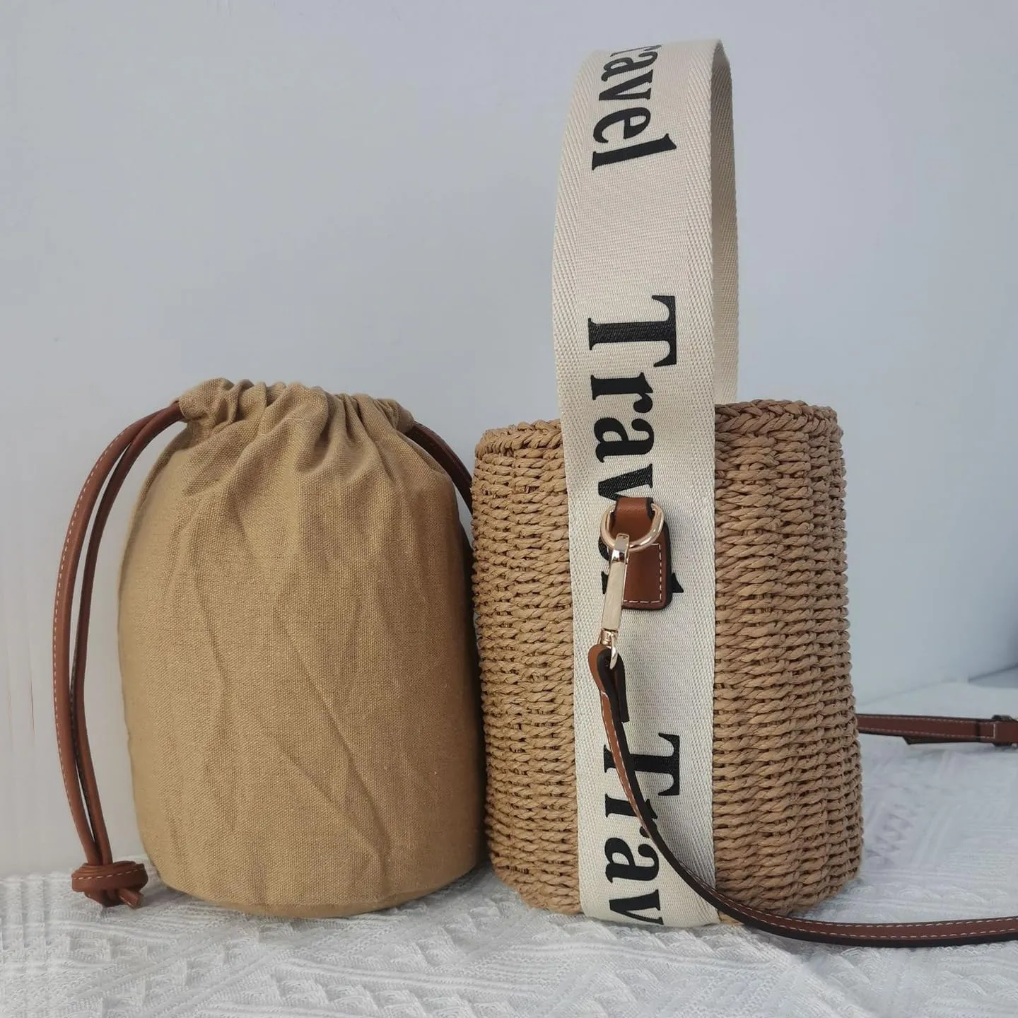 Flower Pearls Rattan Tote Bag Summer Beach Drawstring Straw Bucket Bag Diamonds Woven Handbag