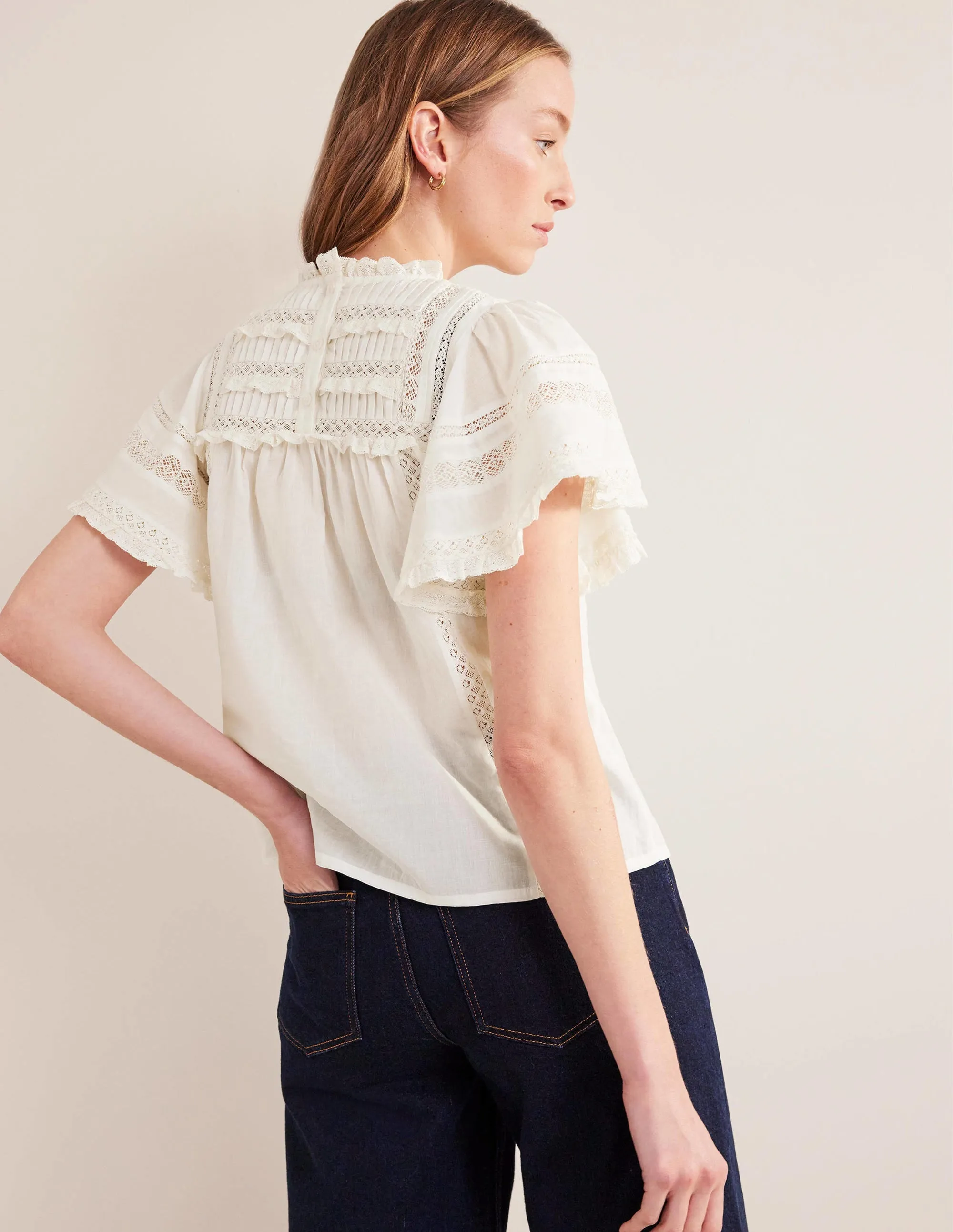 Flutter Sleeve Trim Detail Top-Ivory