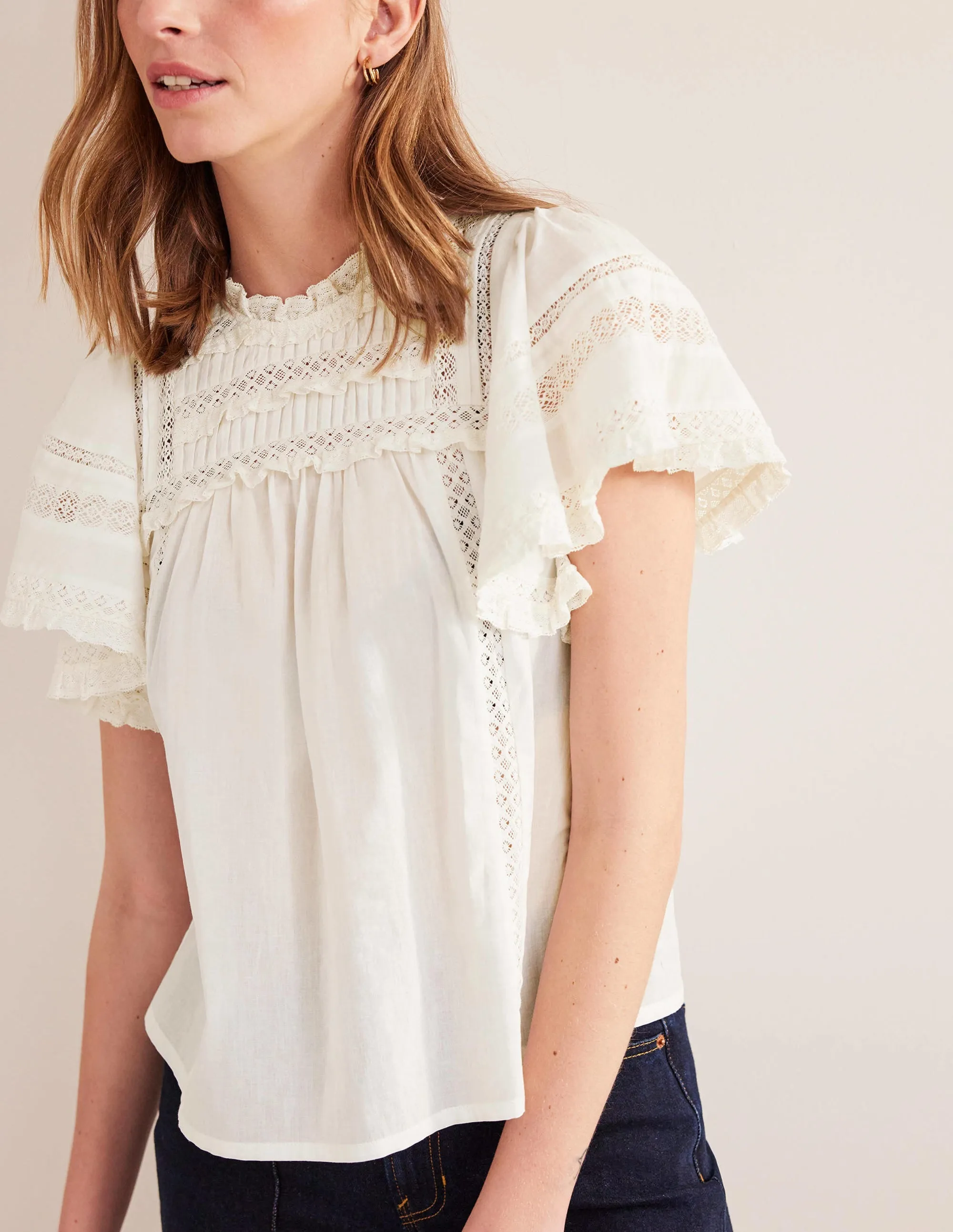 Flutter Sleeve Trim Detail Top-Ivory