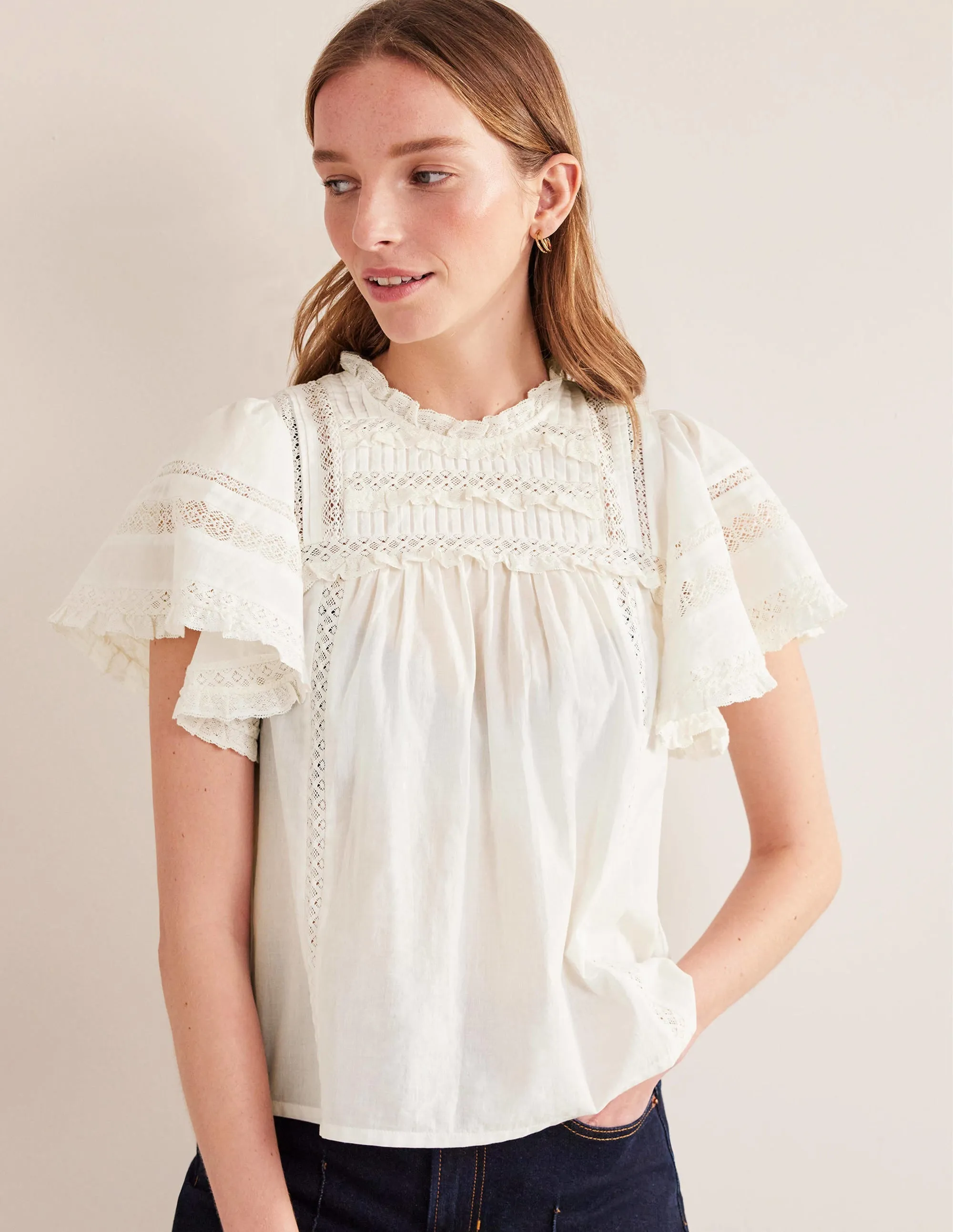 Flutter Sleeve Trim Detail Top-Ivory