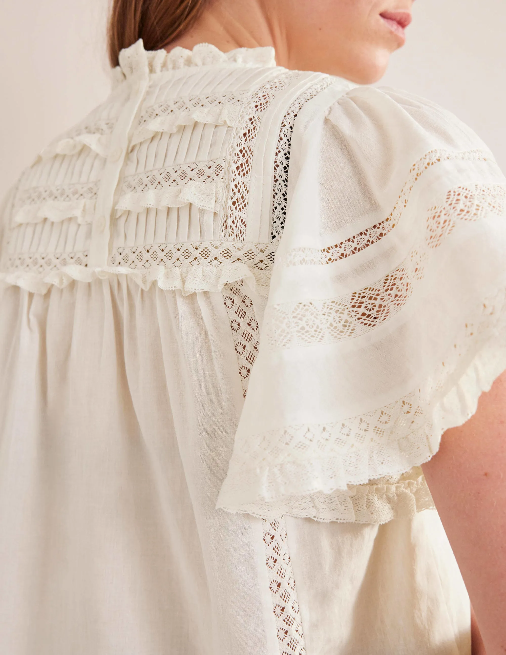Flutter Sleeve Trim Detail Top-Ivory