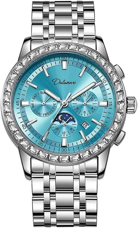 Fully Automatic Men's Mechanical Watch Diamond Chronograph Classic Month/Week/Moon Phases Stainless Steel Waterproof Self Winding Wrist Watch for Men