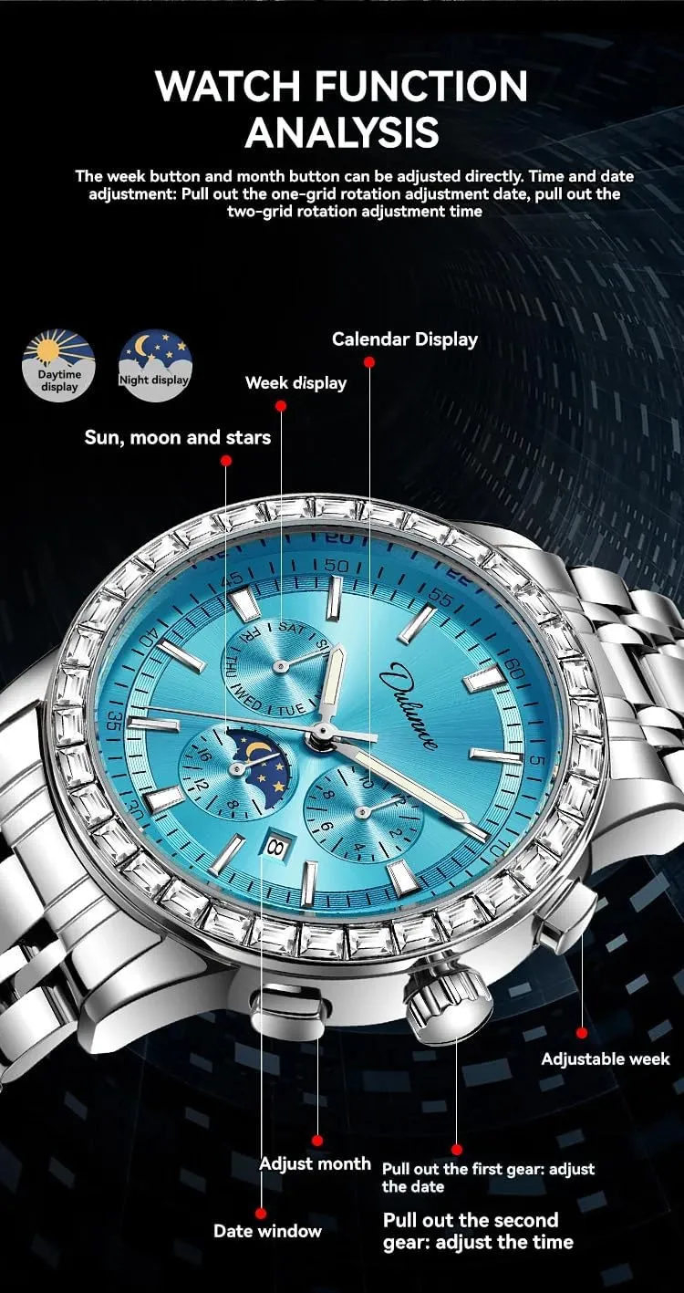 Fully Automatic Men's Mechanical Watch Diamond Chronograph Classic Month/Week/Moon Phases Stainless Steel Waterproof Self Winding Wrist Watch for Men