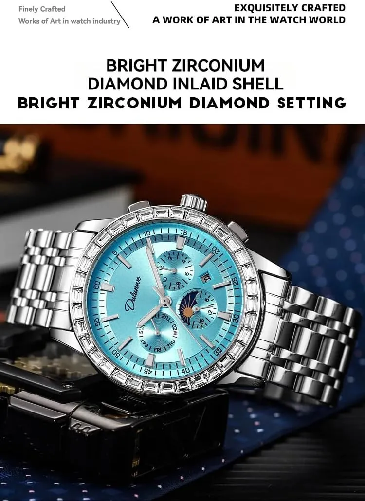 Fully Automatic Men's Mechanical Watch Diamond Chronograph Classic Month/Week/Moon Phases Stainless Steel Waterproof Self Winding Wrist Watch for Men