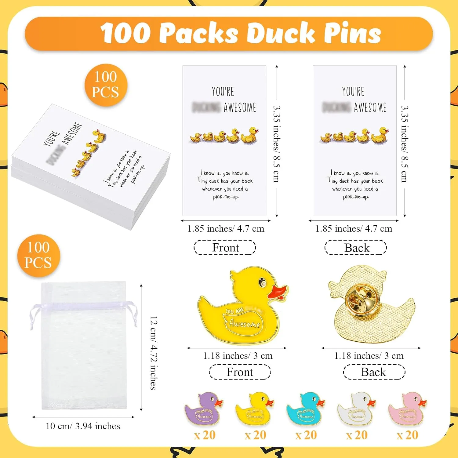 Fuutreo 100 Set Yellow Duck Brooches with You're Awesome Funny Pun Cheer up Card Duck Lapel Pins for Backpack Employee Appreciation Gift for Women Student Camp Gifts Coworker (Multicolored)
