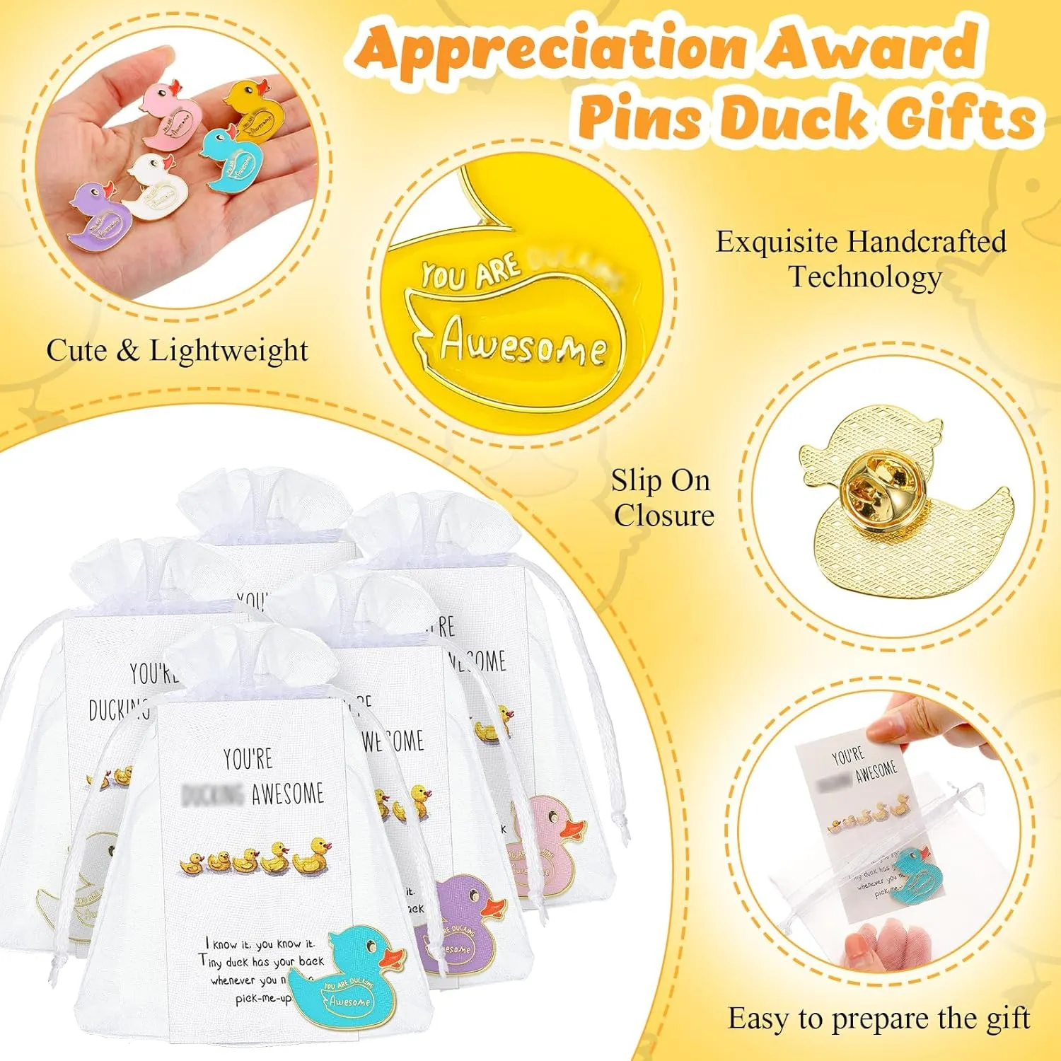 Fuutreo 100 Set Yellow Duck Brooches with You're Awesome Funny Pun Cheer up Card Duck Lapel Pins for Backpack Employee Appreciation Gift for Women Student Camp Gifts Coworker (Multicolored)