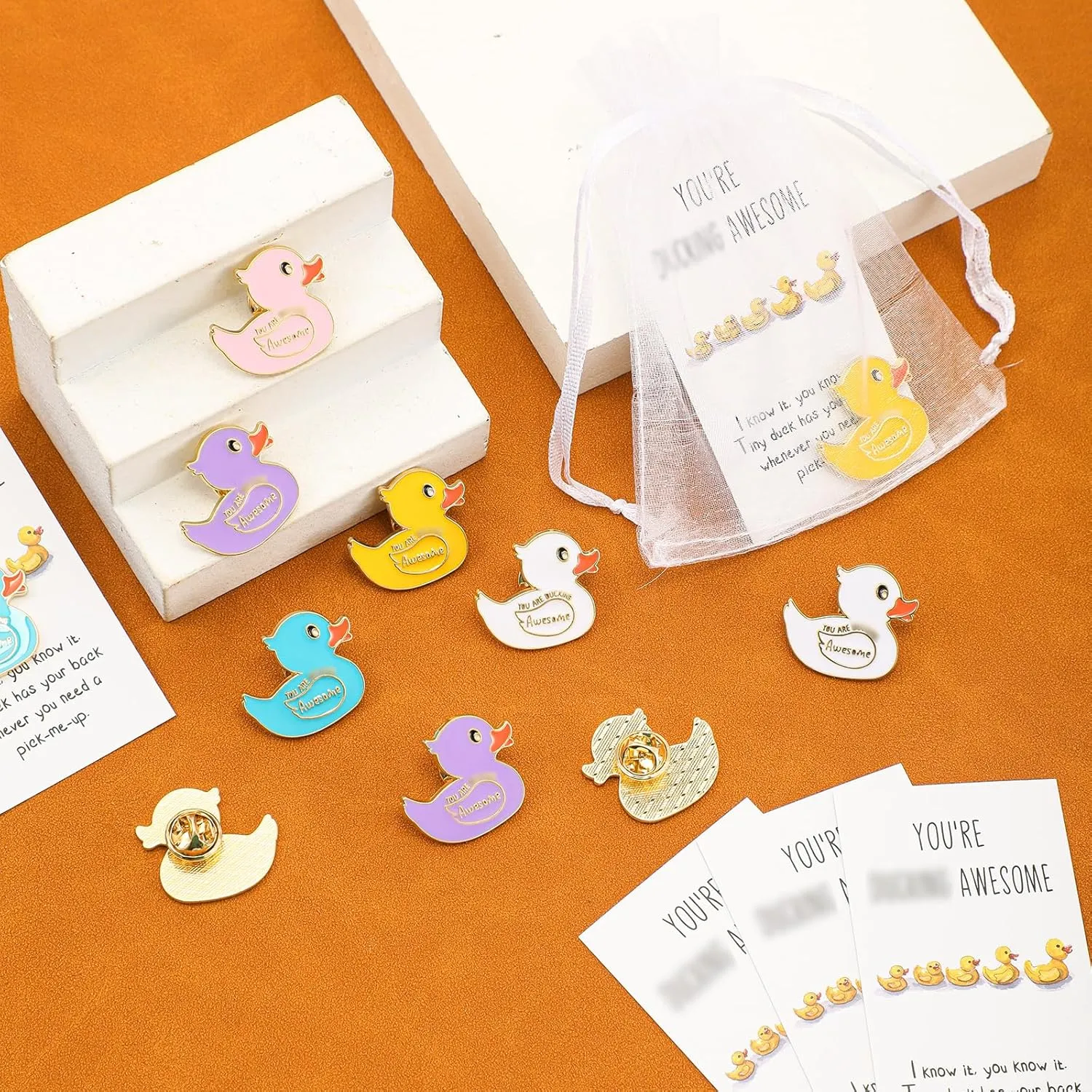 Fuutreo 60 Set Yellow Duck Brooches with You're Awesome Funny Pun Cheer up Card Duck Lapel Pins for Backpack Employee Appreciation Gift for Women Student Camp Gifts Coworker (Multicolored)