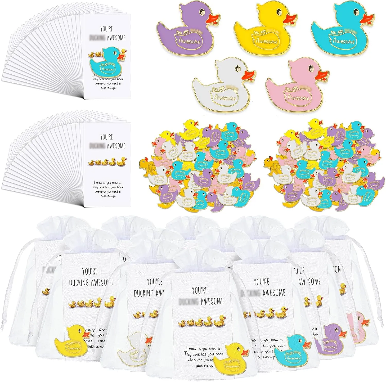 Fuutreo 60 Set Yellow Duck Brooches with You're Awesome Funny Pun Cheer up Card Duck Lapel Pins for Backpack Employee Appreciation Gift for Women Student Camp Gifts Coworker (Multicolored)