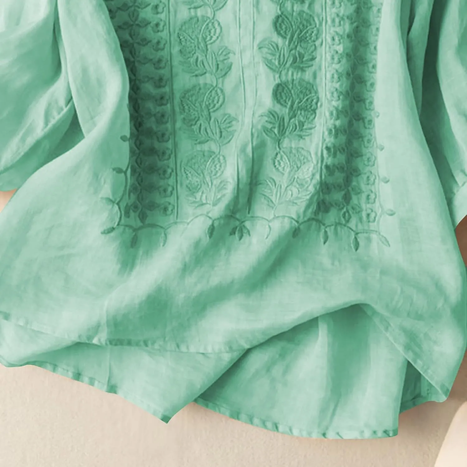 Gause Tops for Women 3/4 Sleeve Boho Blouse Spring Summer Retro Floral Crew Neck Bohemian Muslin Cotton Shirts