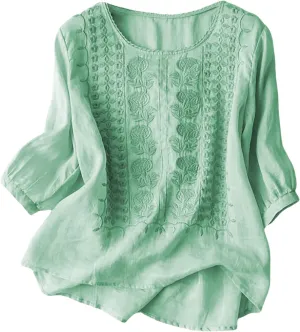 Gause Tops for Women 3/4 Sleeve Boho Blouse Spring Summer Retro Floral Crew Neck Bohemian Muslin Cotton Shirts