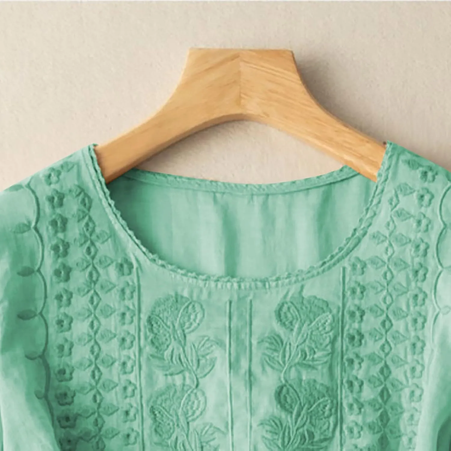 Gause Tops for Women 3/4 Sleeve Boho Blouse Spring Summer Retro Floral Crew Neck Bohemian Muslin Cotton Shirts