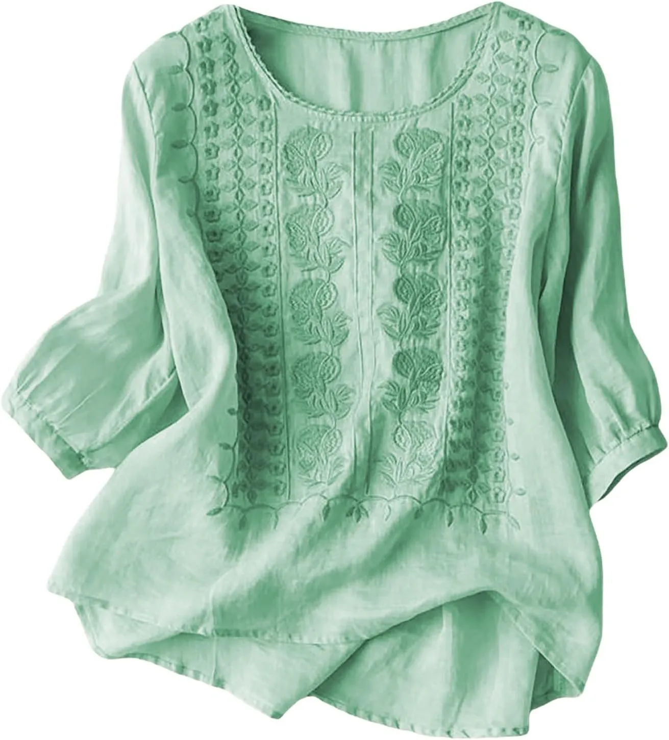 Gause Tops for Women 3/4 Sleeve Boho Blouse Spring Summer Retro Floral Crew Neck Bohemian Muslin Cotton Shirts