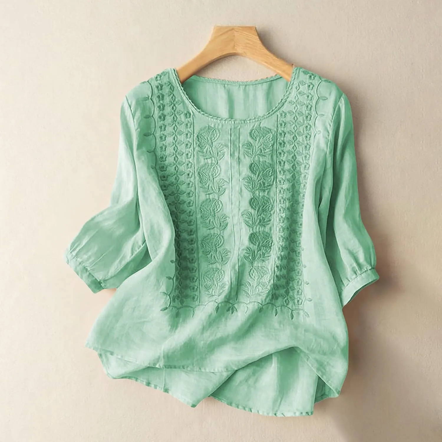 Gause Tops for Women 3/4 Sleeve Boho Blouse Spring Summer Retro Floral Crew Neck Bohemian Muslin Cotton Shirts