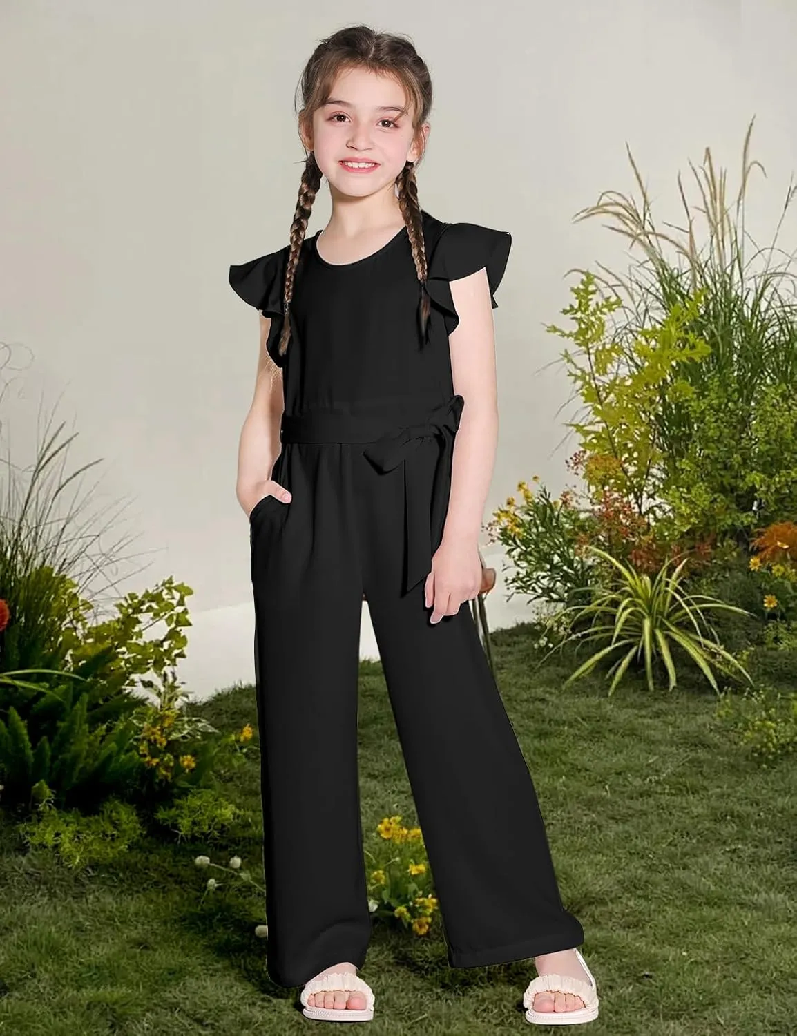 Girls Jumpsuit Wide Leg Loose Ruffle Sleeve Crew Neck Rompers with Pockets Summer Casual Fashion 5-14Y