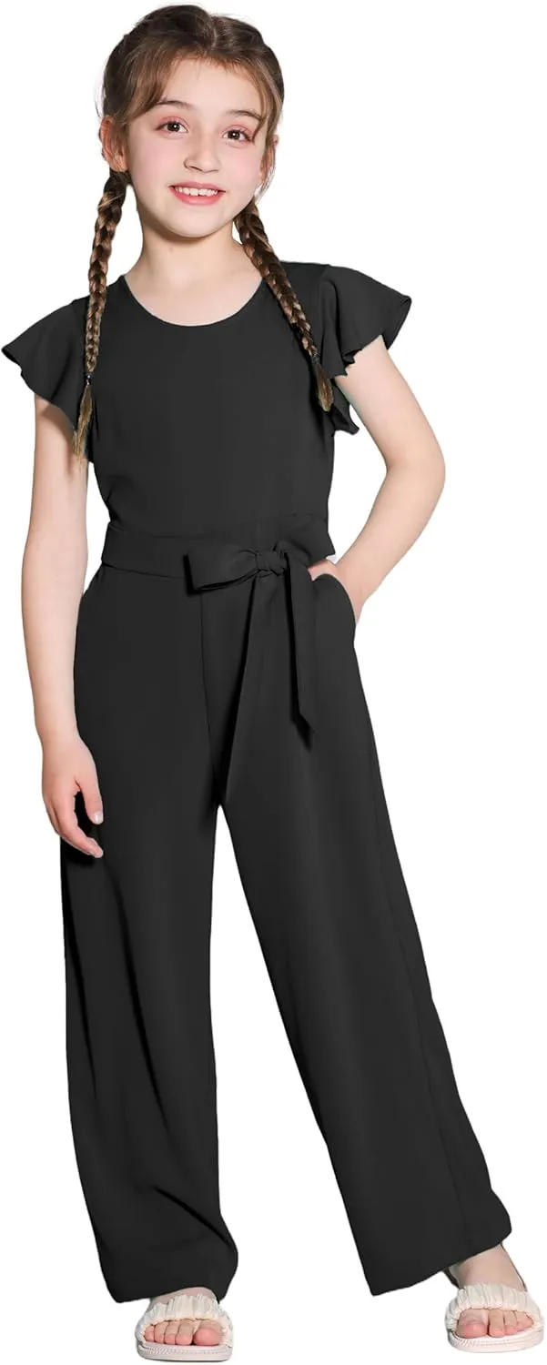 Girls Jumpsuit Wide Leg Loose Ruffle Sleeve Crew Neck Rompers with Pockets Summer Casual Fashion 5-14Y