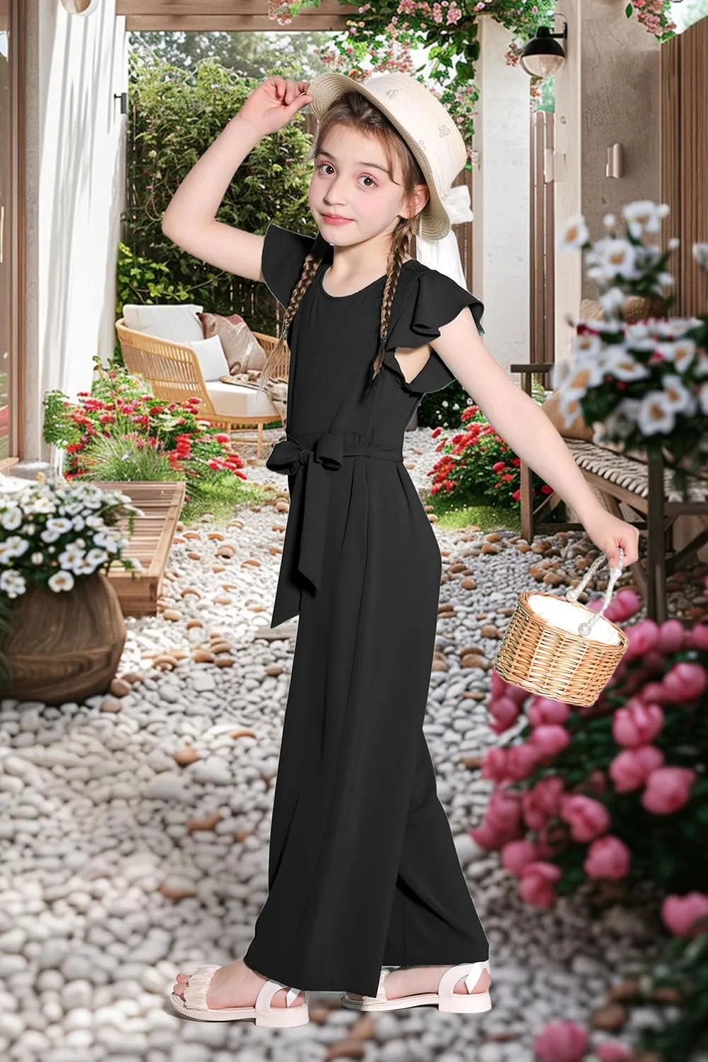 Girls Jumpsuit Wide Leg Loose Ruffle Sleeve Crew Neck Rompers with Pockets Summer Casual Fashion 5-14Y