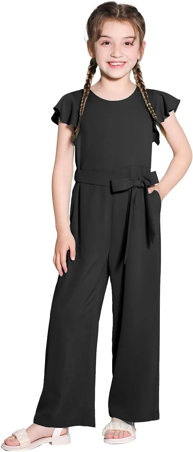 Girls Jumpsuit Wide Leg Loose Ruffle Sleeve Crew Neck Rompers with Pockets Summer Casual Fashion 5-14Y