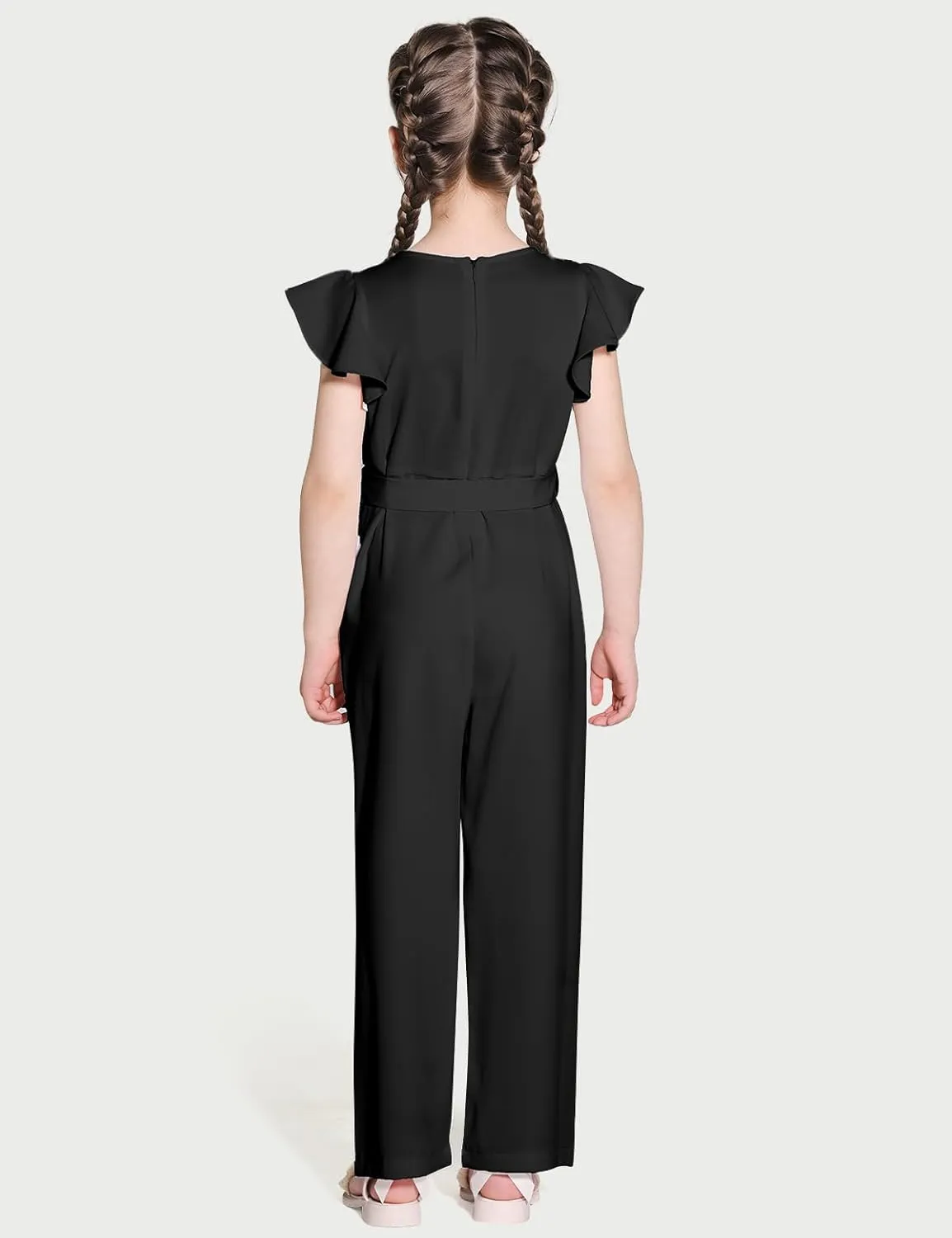 Girls Jumpsuit Wide Leg Loose Ruffle Sleeve Crew Neck Rompers with Pockets Summer Casual Fashion 5-14Y