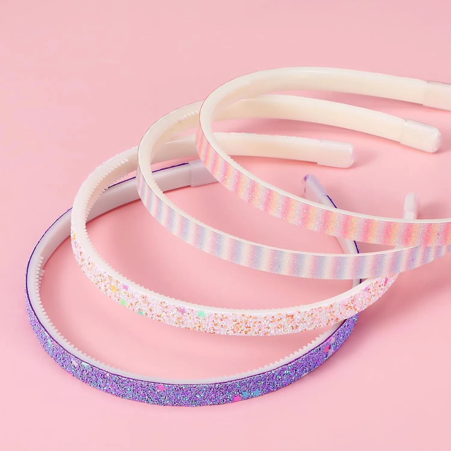 Glitter Headband, 4pcs Plastic Sparkly Cute Non Slip Chunky Hairbands, Thick Bling Confetti Rainbow Hair Bands with Teeth, Little Girls Colorful Hair Accessories(2 stripes   2 stars)
