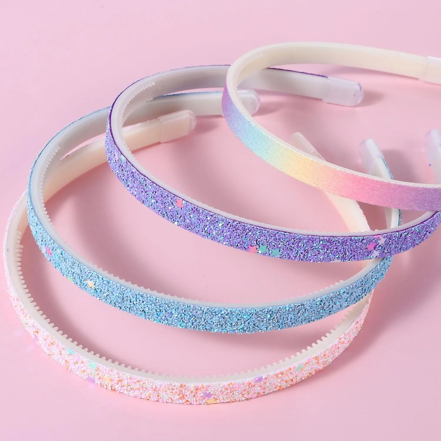 Glitter Headband, 4pcs Plastic Sparkly Cute Non Slip Chunky Hairbands, Thick Bling Confetti Rainbow Hair Bands with Teeth, Little Girls Colorful Hair Accessories