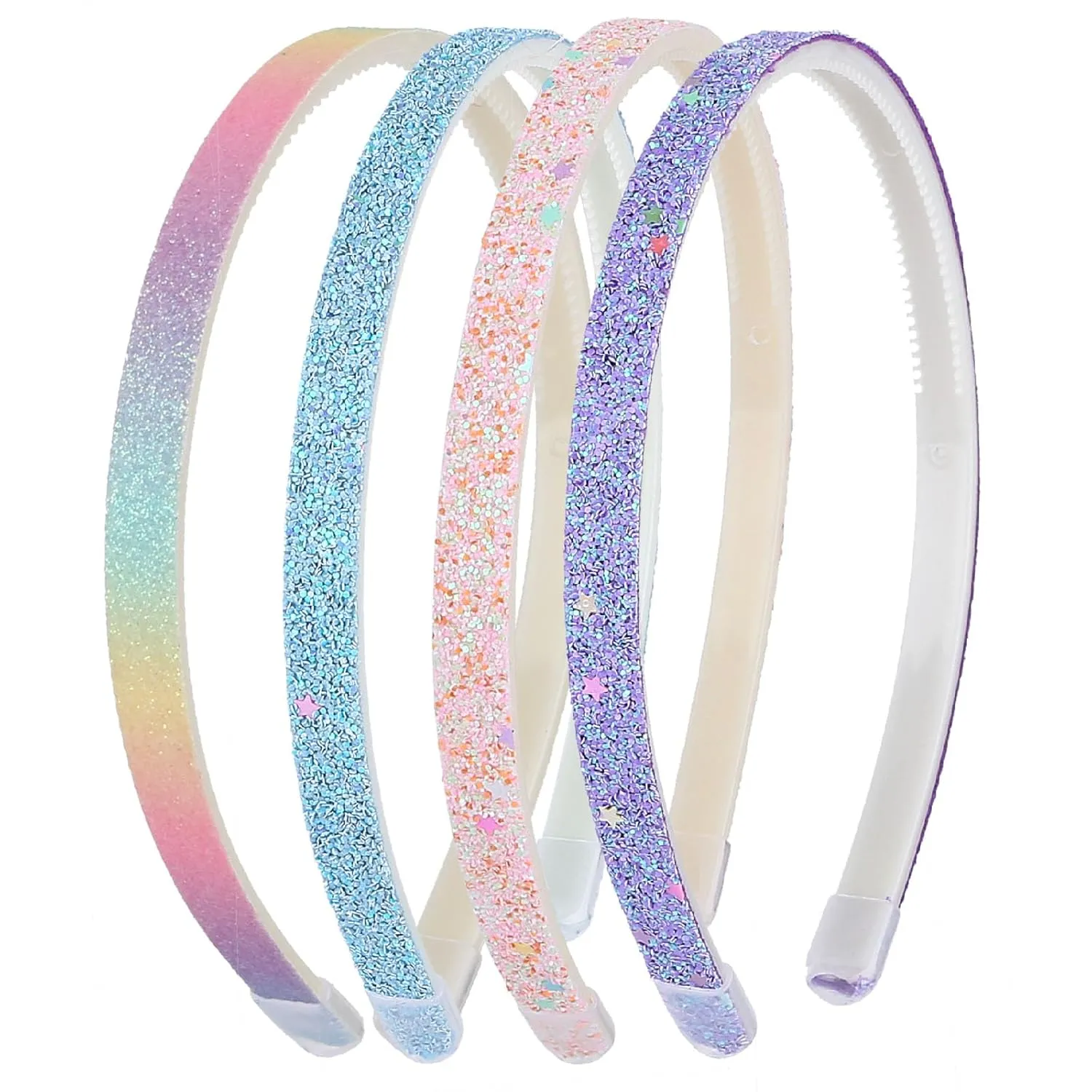 Glitter Headband, 4pcs Plastic Sparkly Cute Non Slip Chunky Hairbands, Thick Bling Confetti Rainbow Hair Bands with Teeth, Little Girls Colorful Hair Accessories