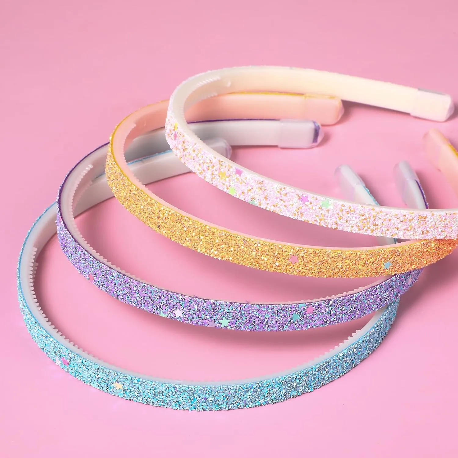 Glitter Headband, 4pcs Plastic Sparkly Cute Non Slip Chunky Hairbands, Thick Bling Confetti Rainbow Hair Bands with Teeth, Little Girls Colorful Hair Accessories