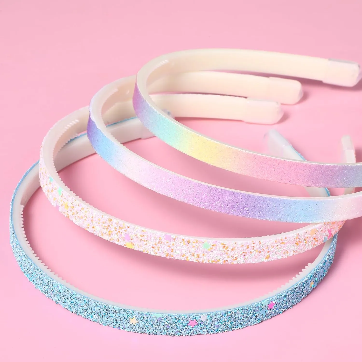 Glitter Headband, 4pcs Plastic Sparkly Cute Non Slip Chunky Hairbands, Thick Bling Confetti Rainbow Hair Bands with Teeth, Little Girls Colorful Hair Accessories
