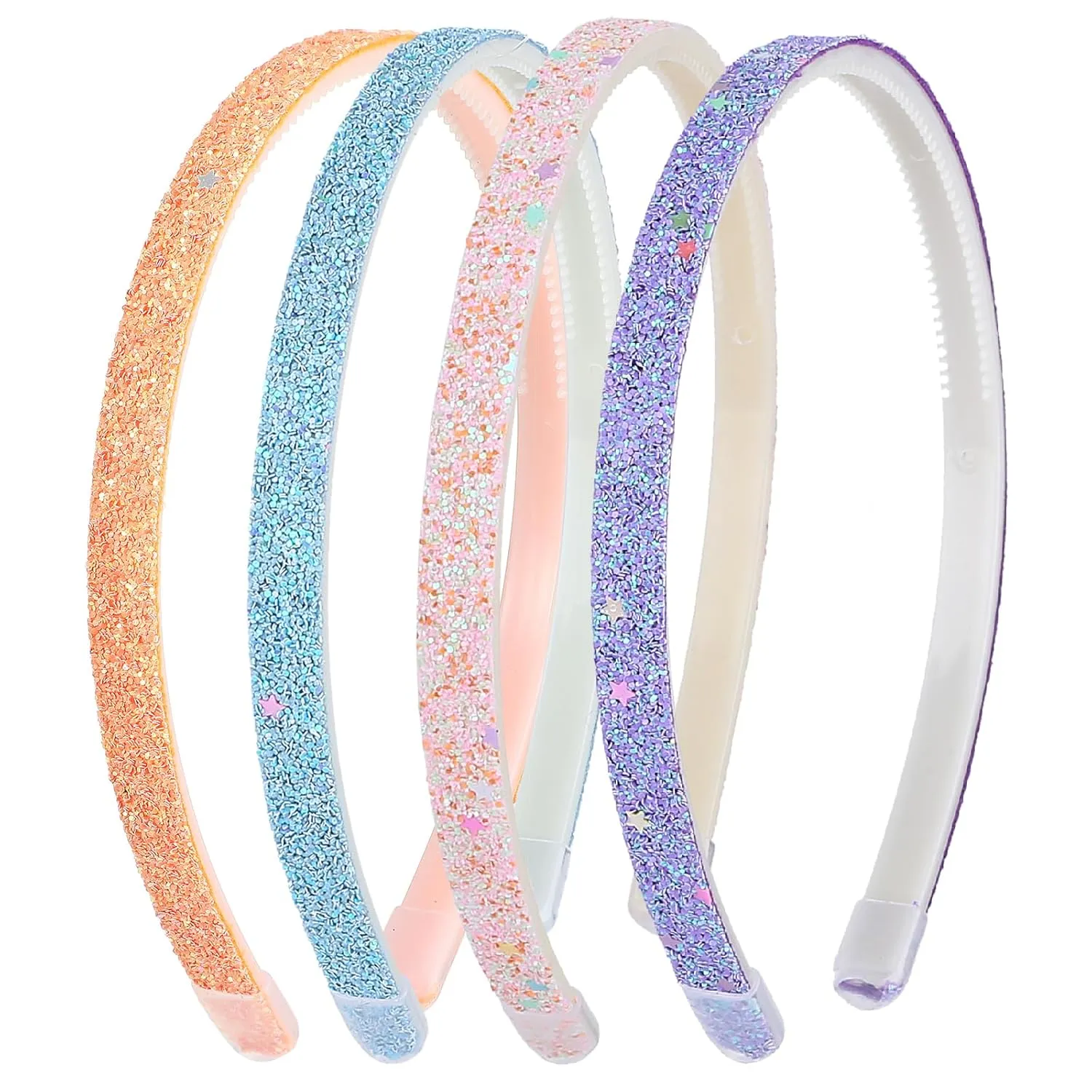 Glitter Headband, 4pcs Plastic Sparkly Cute Non Slip Chunky Hairbands, Thick Bling Confetti Rainbow Hair Bands with Teeth, Little Girls Colorful Hair Accessories
