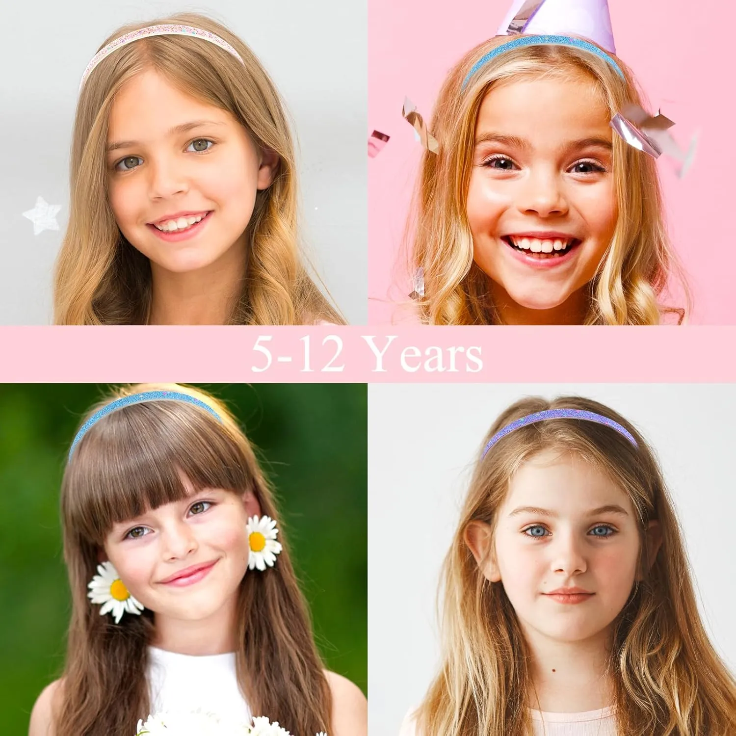 Glitter Headband, Plastic Cute Sparkly Non Slip Head Bands with Teeth, Colorful Confetti Rainbow Bling Sweet Hard Hairbands, Little Girl Hair Accessories (3, Pink   Blue   Purple)