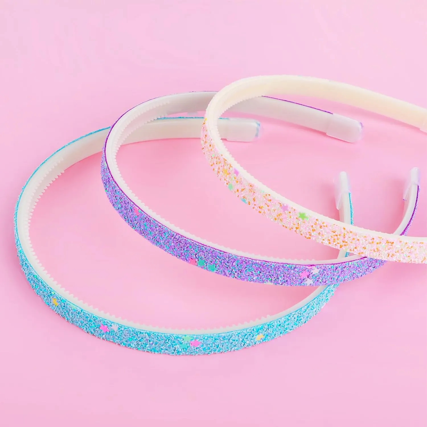 Glitter Headband, Plastic Cute Sparkly Non Slip Head Bands with Teeth, Colorful Confetti Rainbow Bling Sweet Hard Hairbands, Little Girl Hair Accessories (3, Pink   Blue   Purple)