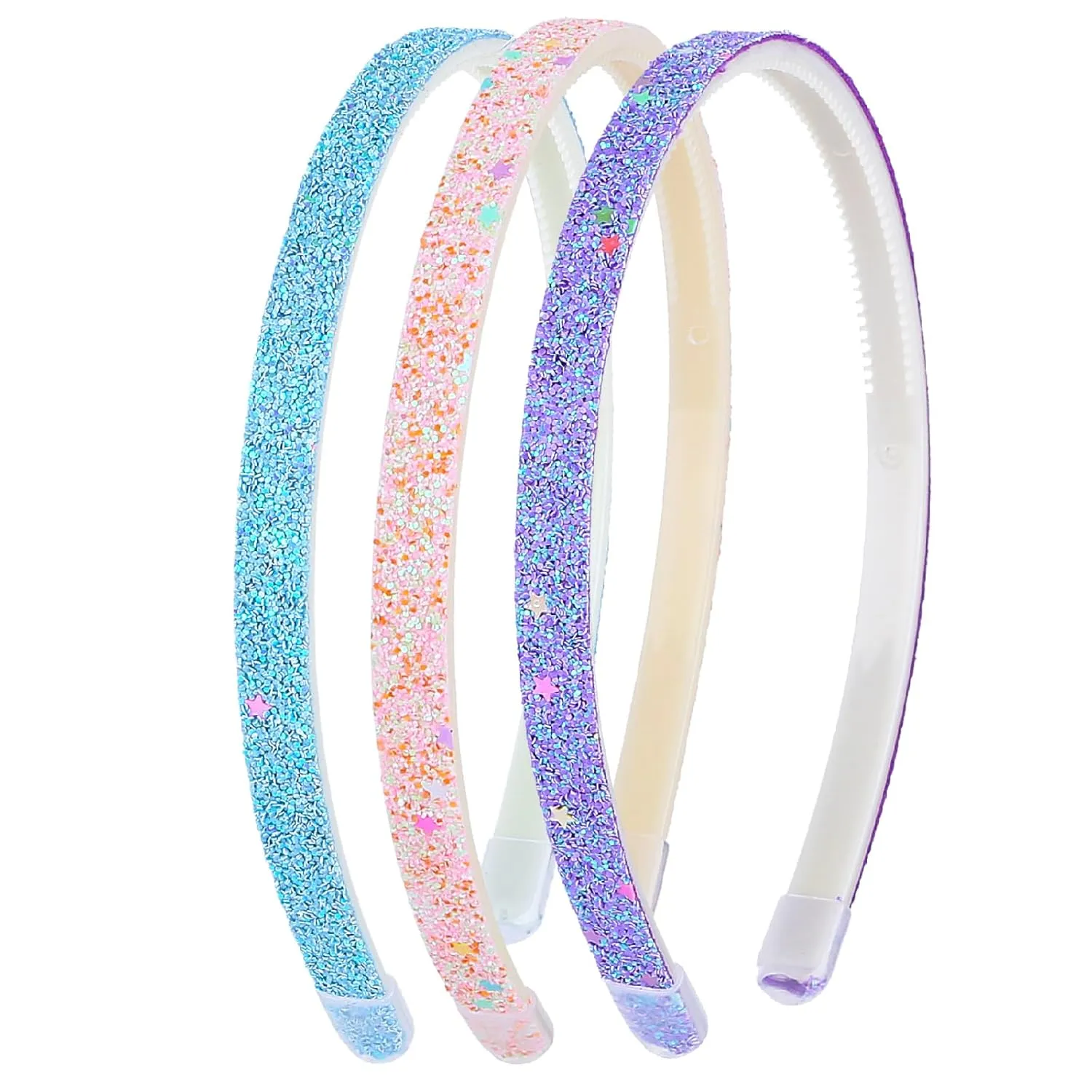 Glitter Headband, Plastic Cute Sparkly Non Slip Head Bands with Teeth, Colorful Confetti Rainbow Bling Sweet Hard Hairbands, Little Girl Hair Accessories (3, Pink   Blue   Purple)