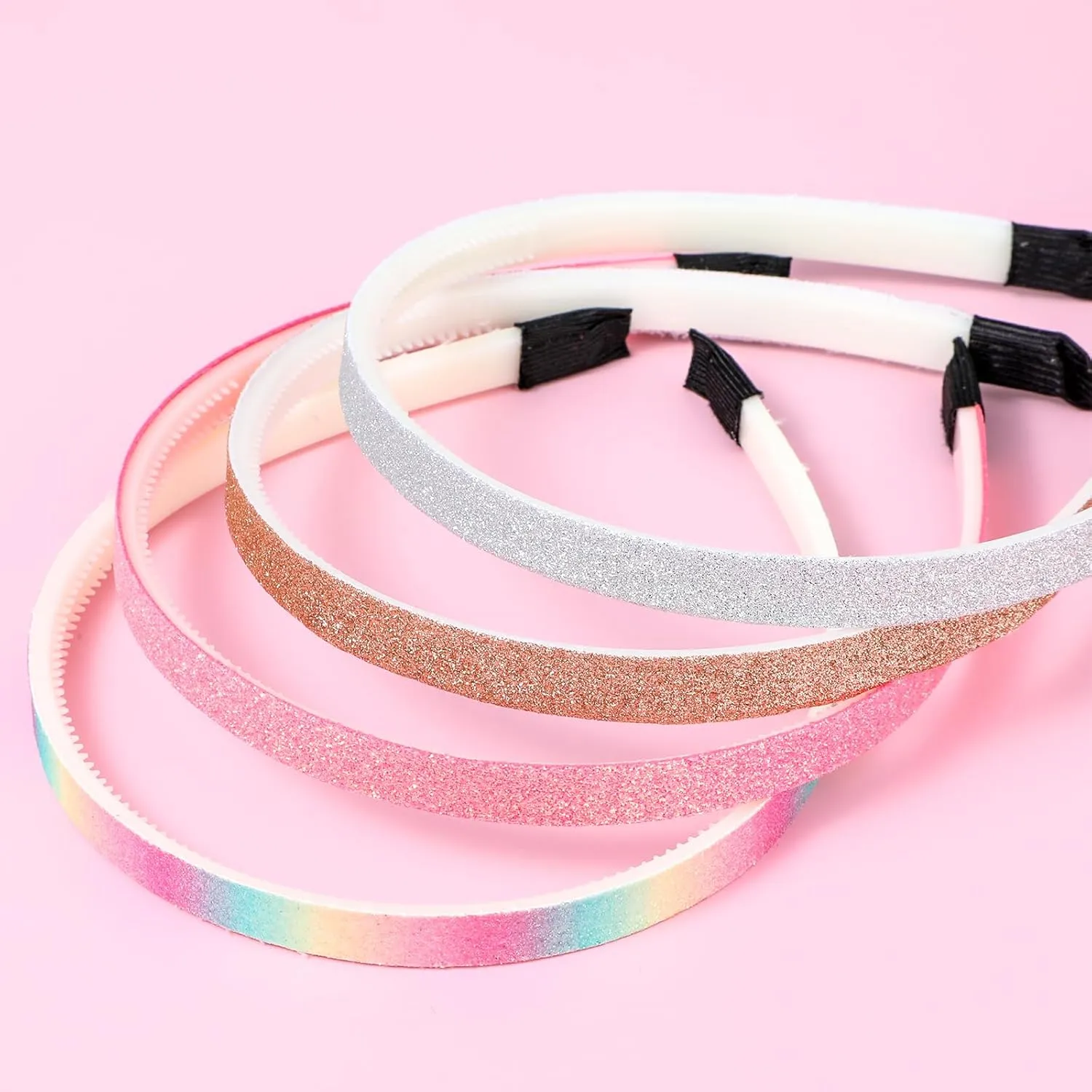 Glitter Headband, Plastic Cute Sparkly Non Slip Head Bands with Teeth, Colorful Confetti Rainbow Bling Sweet Hard Hairbands, Little Girl Hair Accessories (4, Solid color - black tail)