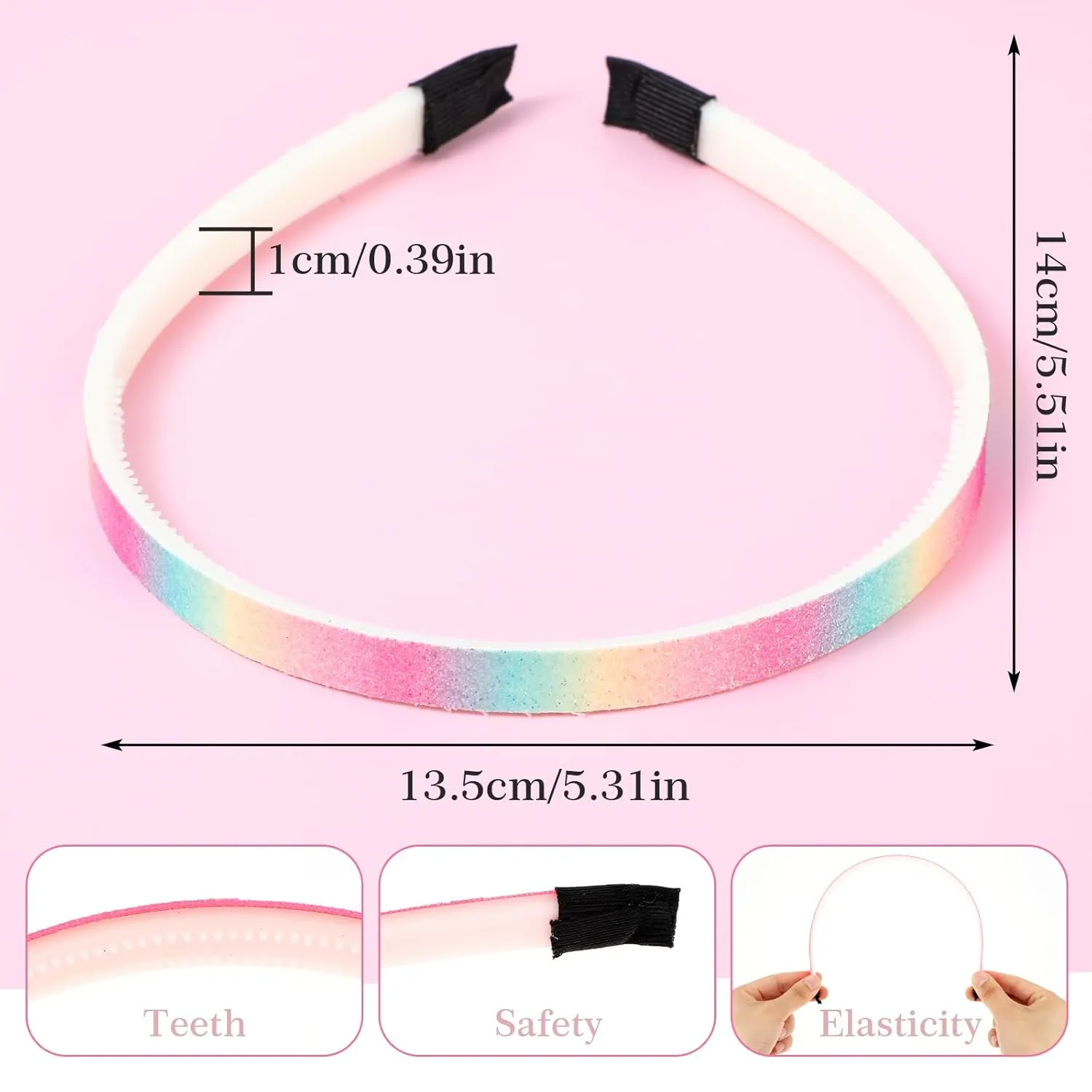 Glitter Headband, Plastic Cute Sparkly Non Slip Head Bands with Teeth, Colorful Confetti Rainbow Bling Sweet Hard Hairbands, Little Girl Hair Accessories (4, Solid color - black tail)