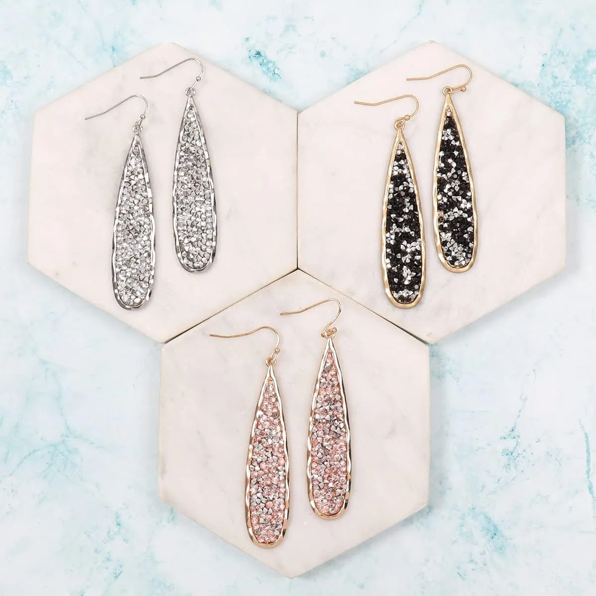 Glitter Rhinestone Statement Earrings - Sparkly Crystal Geometric Hexagon, Round Hoops, Vertical Bar, Teardrop Dangles, Shield Disc Drop