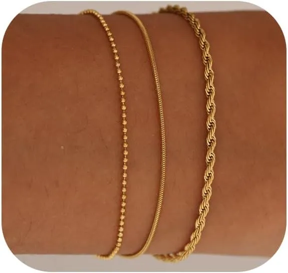 Gold Bracelet for Women Dainty 14K Real Gold Plated Bracelet Set Trendy Gold Stackable Cuff Bracelets Tennis Beaded Figaro Herringbone Paperclip Bracelet Gifts