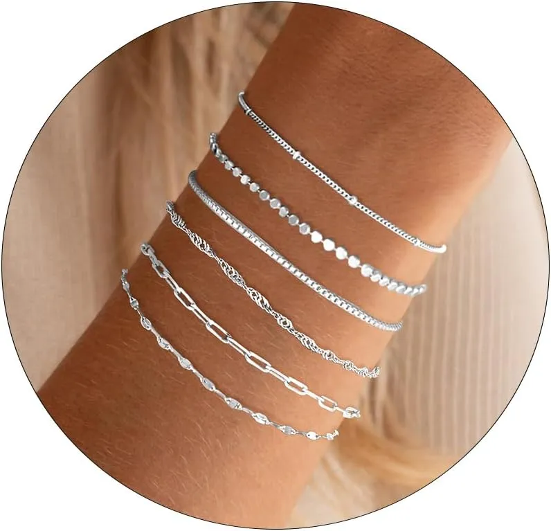 Gold Bracelets for Women 14k Real Gold Filled Bracelet Stack Non Tarnish Trendy Herringbone Paper Clip Figaro Bracelets for Womens Dainty Waterproof Stackable Gold Link Chain Bracelet Sets Jewelry Gift