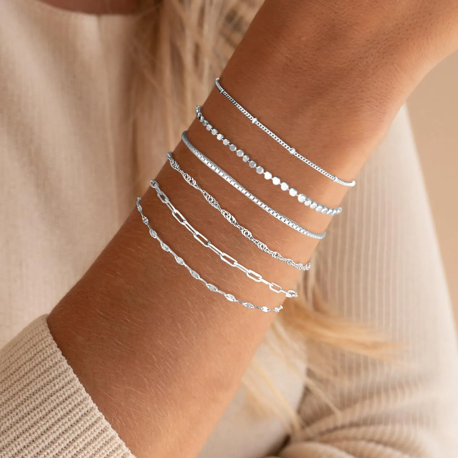 Gold Bracelets for Women 14k Real Gold Filled Bracelet Stack Non Tarnish Trendy Herringbone Paper Clip Figaro Bracelets for Womens Dainty Waterproof Stackable Gold Link Chain Bracelet Sets Jewelry Gift