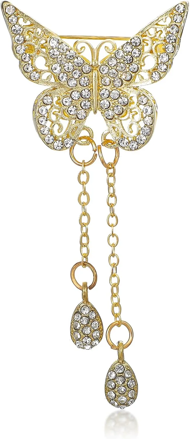 Gold Butterfly Brooch Pin: 1Pcs Women Hollow Out Butterfly Brooch with Pendant, Rhinestone, Lapel Pin for Coats, Jackets, Sweaters Accessories