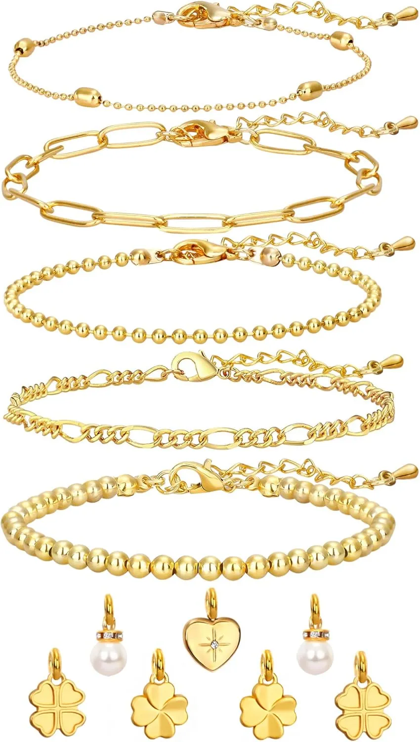 Gold Chain Bracelets set for Women, 18K Gold Plated Charm Bracelet Dainty Adjustable Stackable Bracelets Trendy Layered Link Pearl Heart Lucky Clover Charms Bracelets